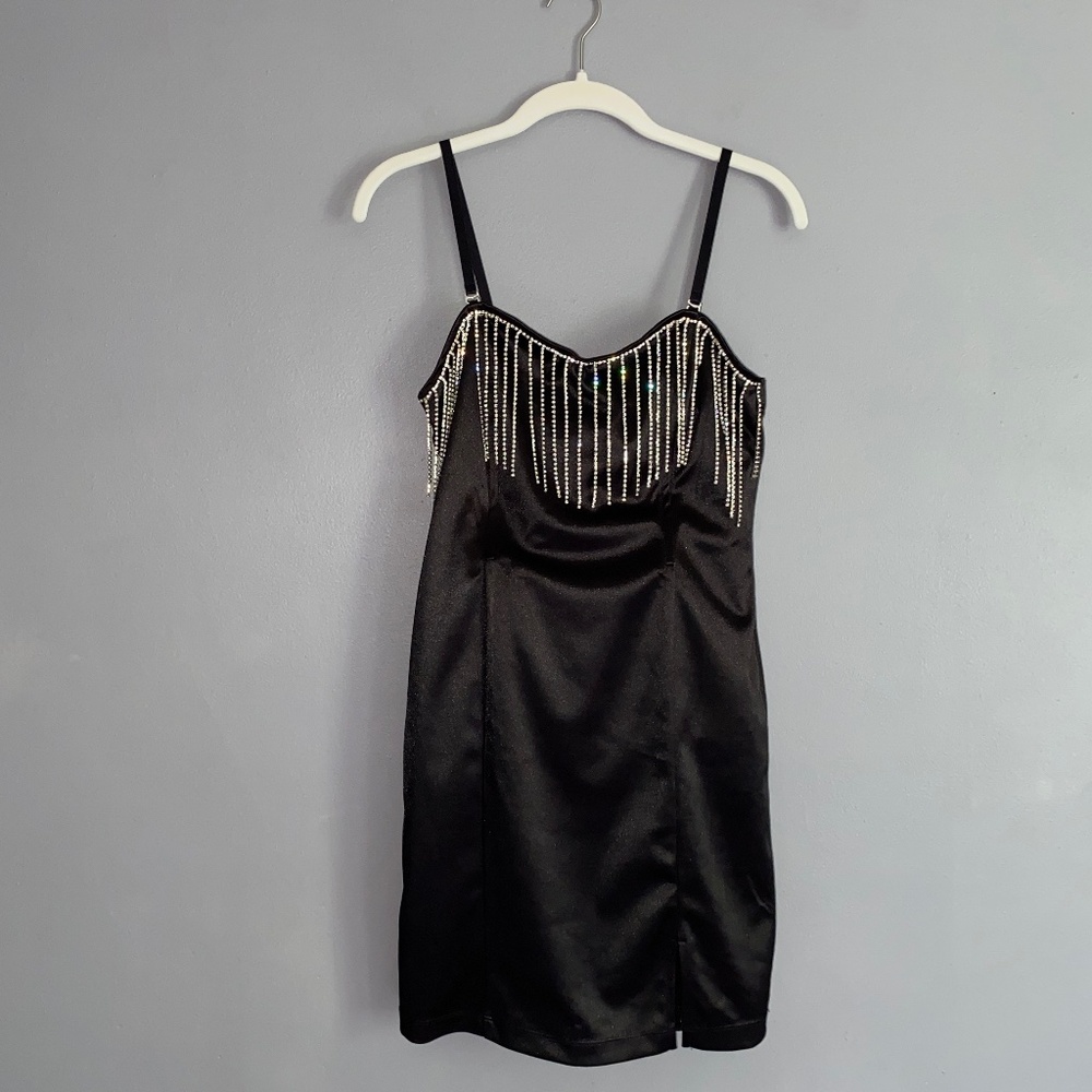 Rhinestone Fringe FOREVER 21 Black Satin Mini Party Dress Medium LBD